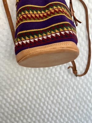 Drawstring Aztec Tapestry Hand Loomed Backpack W/ Tan Leather Boho Hippie Drawstring Aztec Tapestry Hand Loomed Backpack W/ Tan  main image 2