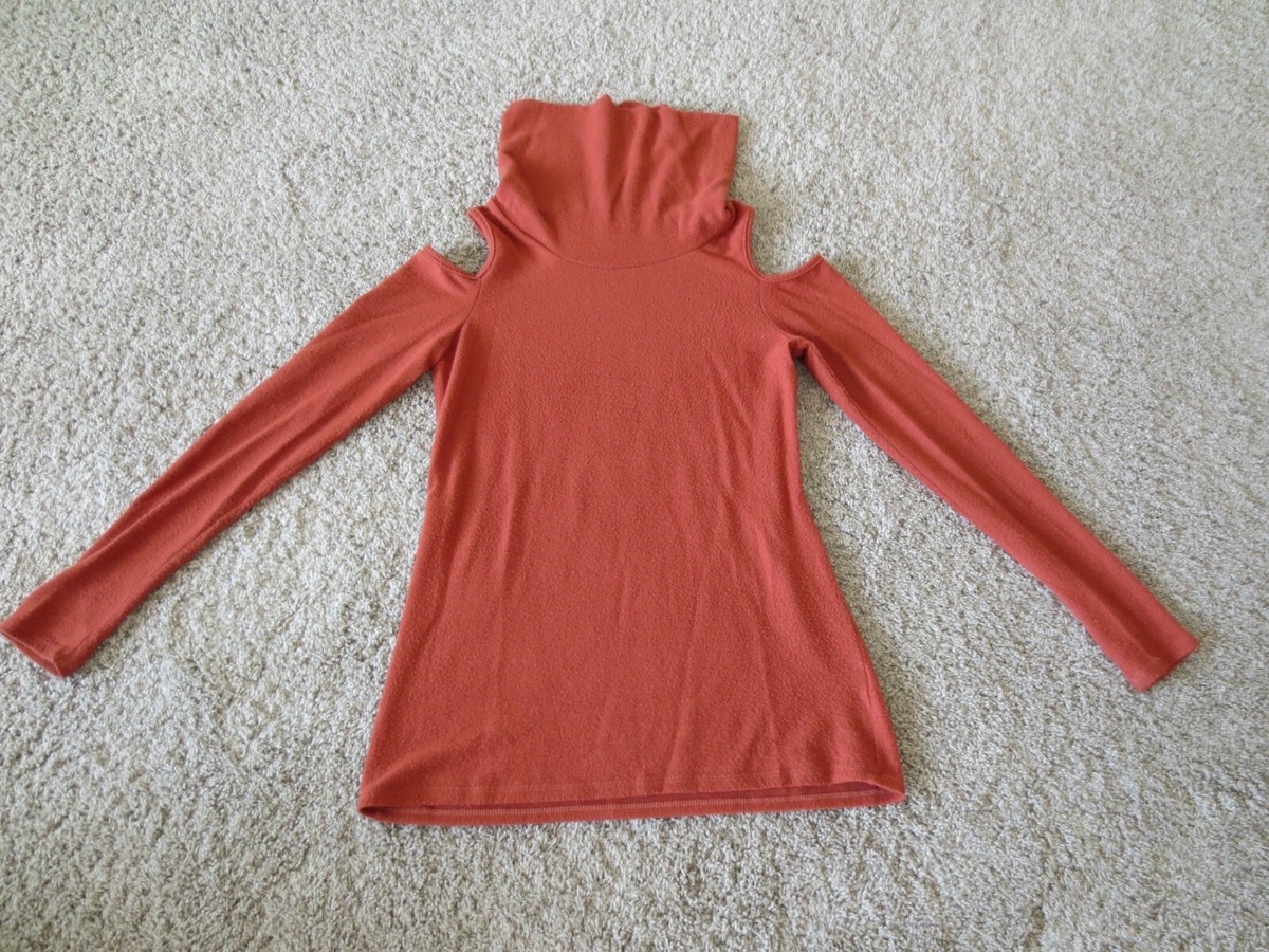 Womens Cold Shoulder Long Sleeve Tunic Sweater Small Cowl Neck Rust Orange