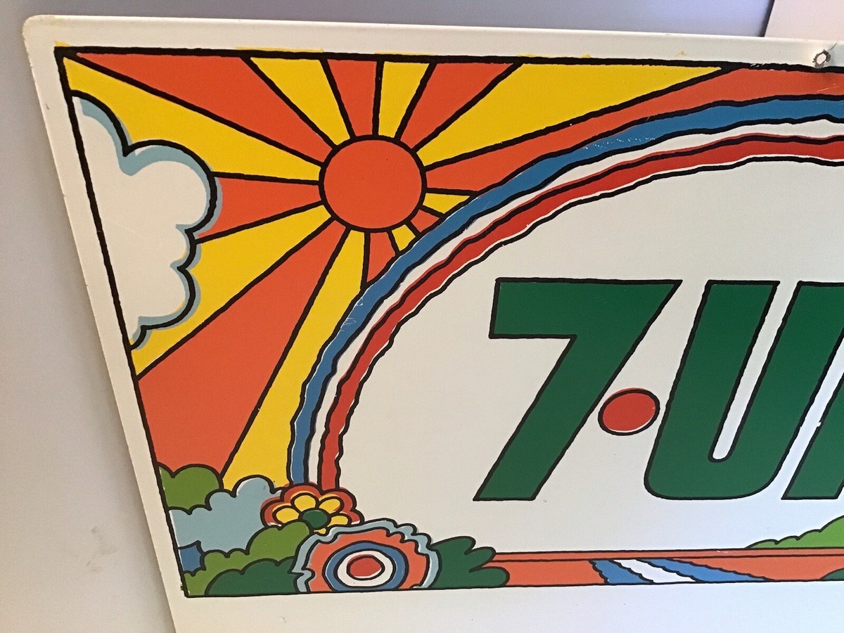 Vintage Peter Max Style 1970's 7-UP Double Sided Metal Sign Vintage Peter Max Style 1970's 7-UP Double Sided Metal Sign
