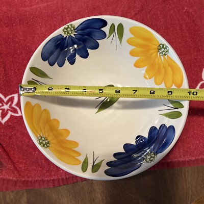 MAXAM Large 10x4  Ceramic Serving Bowl Blue Yellow Flowers Made In Italy