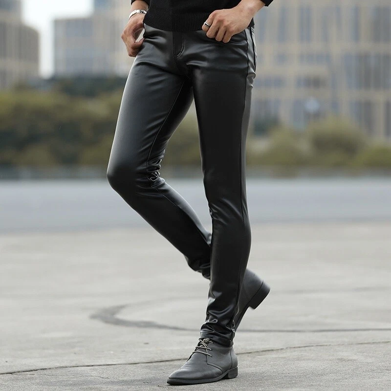 Mens Faux Leather Pants Black Pu Leggings Stretch Wet Look Trousers Slim  Fit