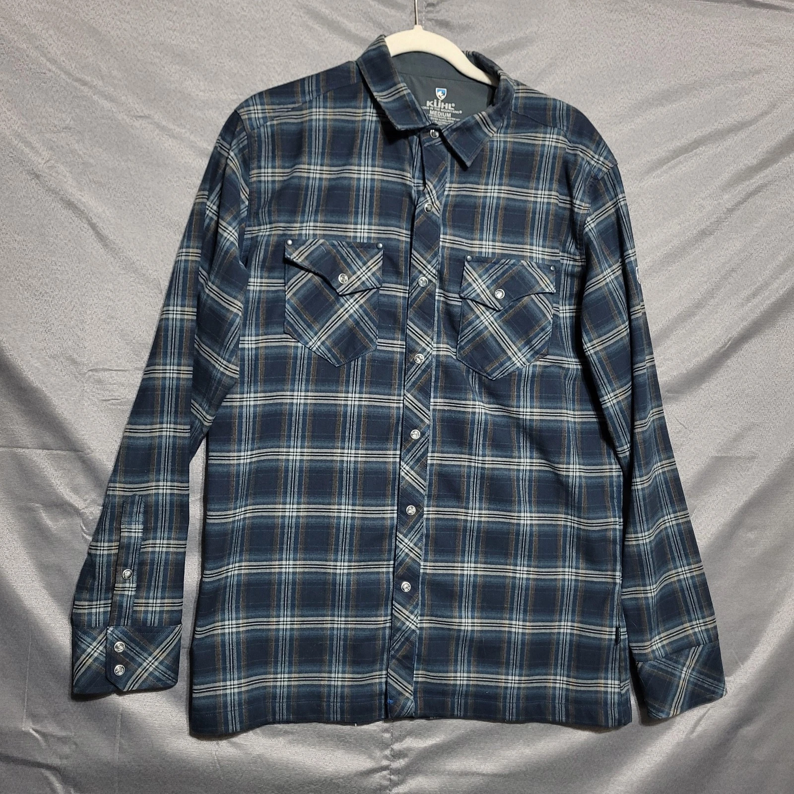 Kuhl Shirt Mens Medium Blue Plaid Button Up Long Sleeve Stretch Flannel Outdoor