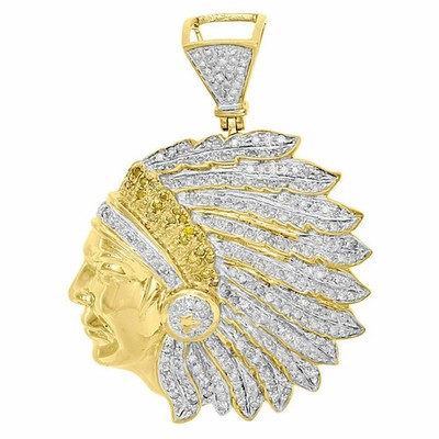 14K Yellow Gold FN Diamond Pendant Native American Indian Mens Pave Charm 2 Ct.