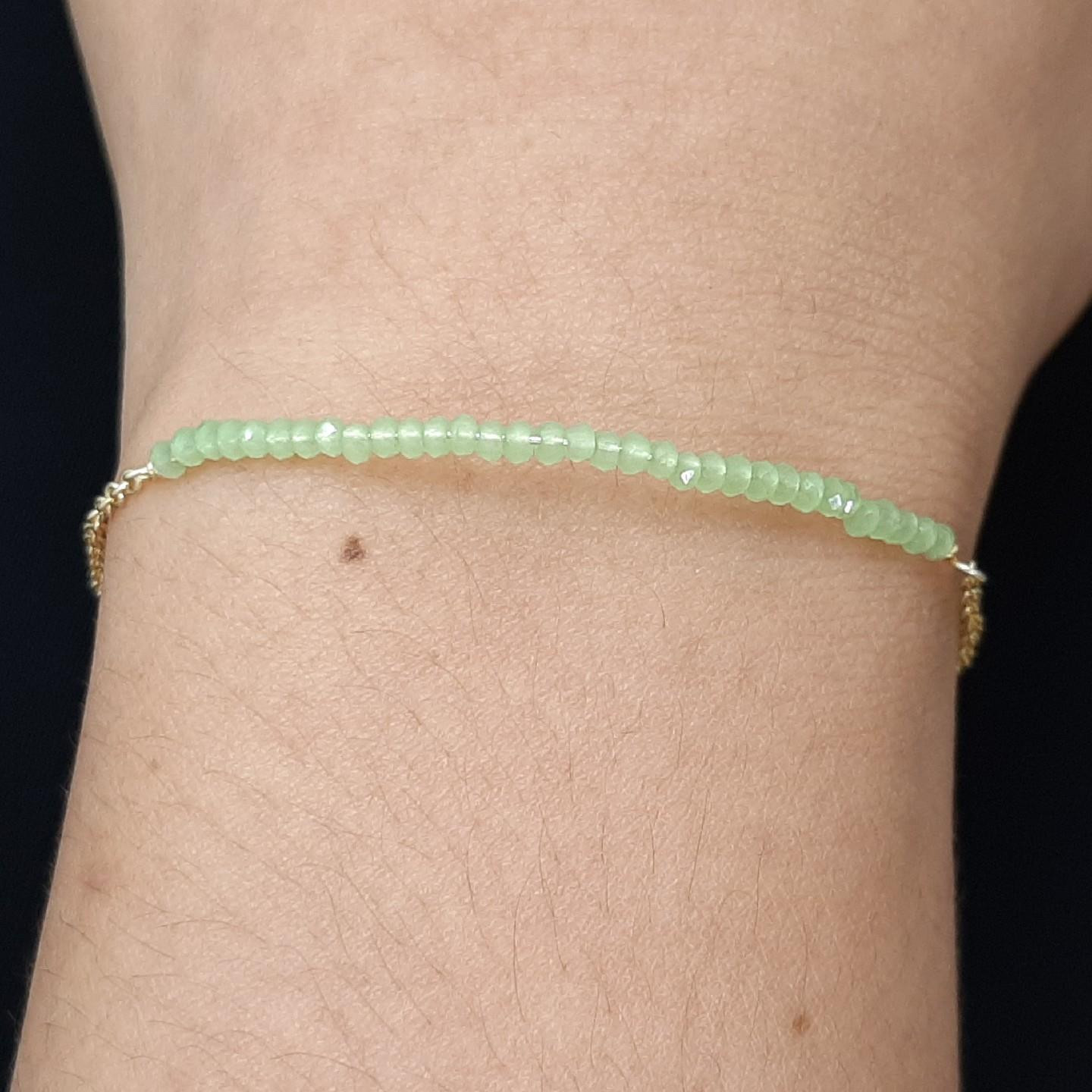 Genuine 2.81ctw Prehnite Chalcedony 14K Yellow Gold 925 Silver Beaded Bracelet