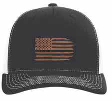 Richardson 112 Trucker Hat  Engraved Leatherette Tattered American Flag