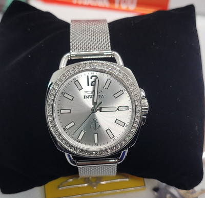 333 Invicta Women's Silver Analog Quartz Watch Gem-Set Bezel Mesh Band w/Box