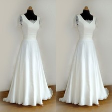Elegant Wedding Dresses V Neck Lace A Line Satin White Ivory Bridal Gowns