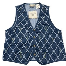 Vtg Casey  Max Denim Vest Basketweave Embroidered Flower Sz L Cottage Core NWT