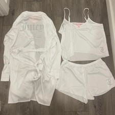 Juicy Couture White Satin 3 Piece Pajama Set Robe Cami Shorts Rhinestone Logo M