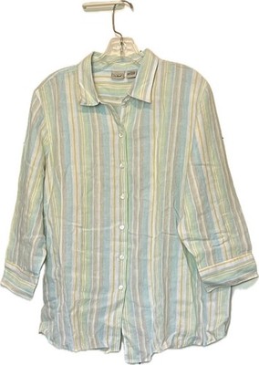 LL Bean Women's Plus Size 1X  100% Linen Striped 3/4 Sleeve Button-Up Shirt EUC
