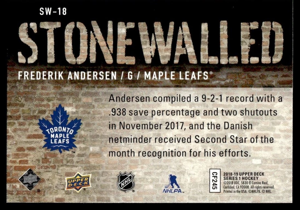 2018-19 Upper Deck Stonewalled Frederik Andersen Toronto Maple Leafs #SW-18 - Image 2 of 2