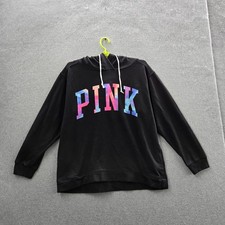PINK Victoria's Secret Women Hoodie L Black Graphic Fleece Logo Activewear