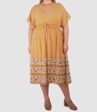 NY Collection Women's Orange Printed Boat Neck Drawstring Dress Plus Sz 1X