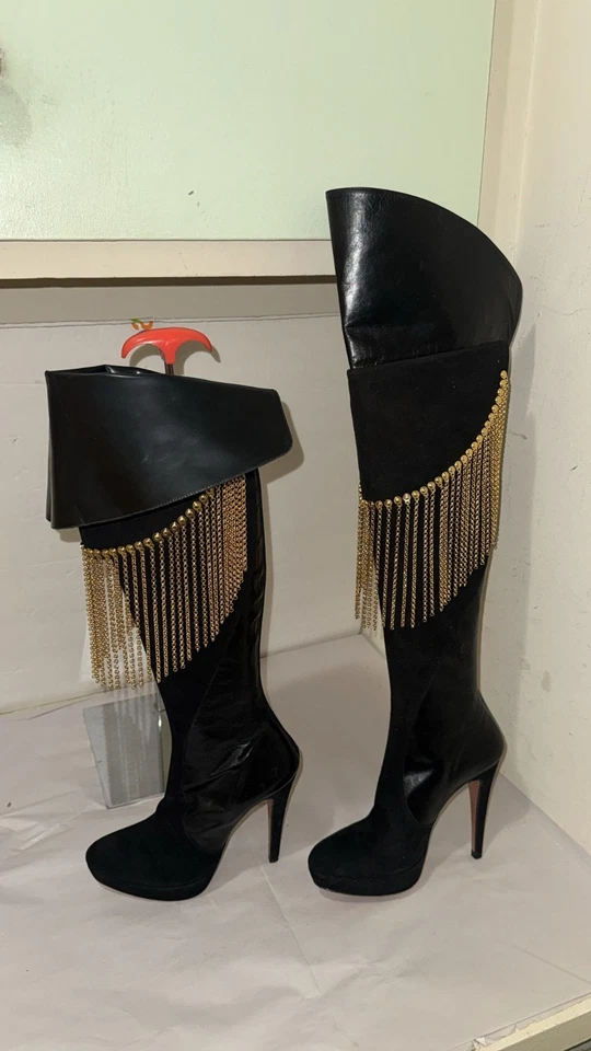 36/6❤️ITALY Francesco Sacco Leather Over Knee High Heels Tall Gold Chain Boots - Image 2 of 4