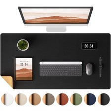 Dual-Sided Desk Pad 35.4x15.7 Inch Leather Mat Natural Cork Protector Black