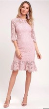 Lulus Dance With Me Pink Blush Lace Bodycon Midi Dress Sz XS Romantic Formal NWT