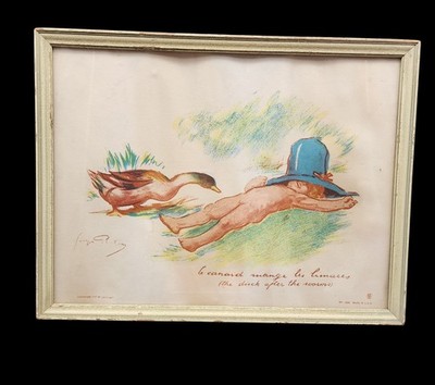Vintage F. Reason ''The Duck After The Worms'' Watercolor Print Framed 