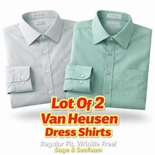 Van Heusen Dress Shirts Lot 2 Men  s 17 17.5 34/35 Regular Fit Wrinkle Free