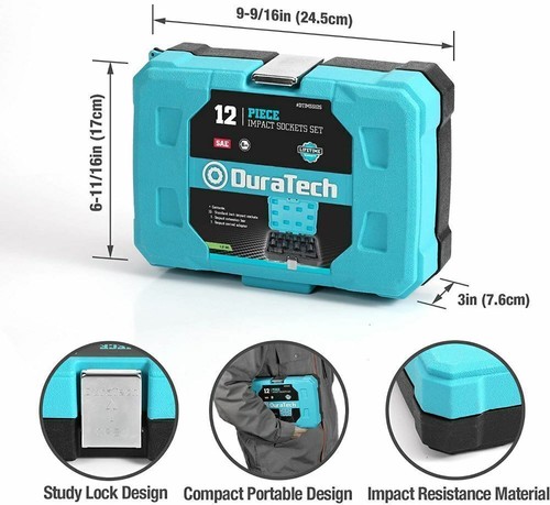 DURATECH 1/2" Dr Impact Socket Set 12PC SAE Sockets Swivel Adapter Extension Bar - Picture 3 of 11