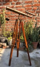 Antique Brass Telescope 18 " With Wooden Tripod Stand Nautical Floor Standing