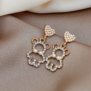 Authentic 18k Gold Plated Love Heart Pearl Lovely Bear Crystal Drop Dangle Earrings Womens
