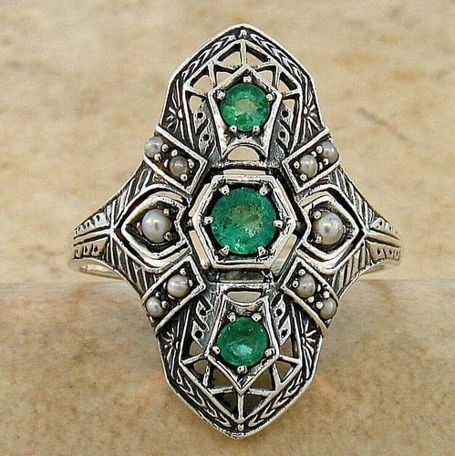 GENUINE EMERAL & PEARL 925 STERLING SILVER FILIGREE ART DECO STYLE RING    #363 - Picture 3 of 4
