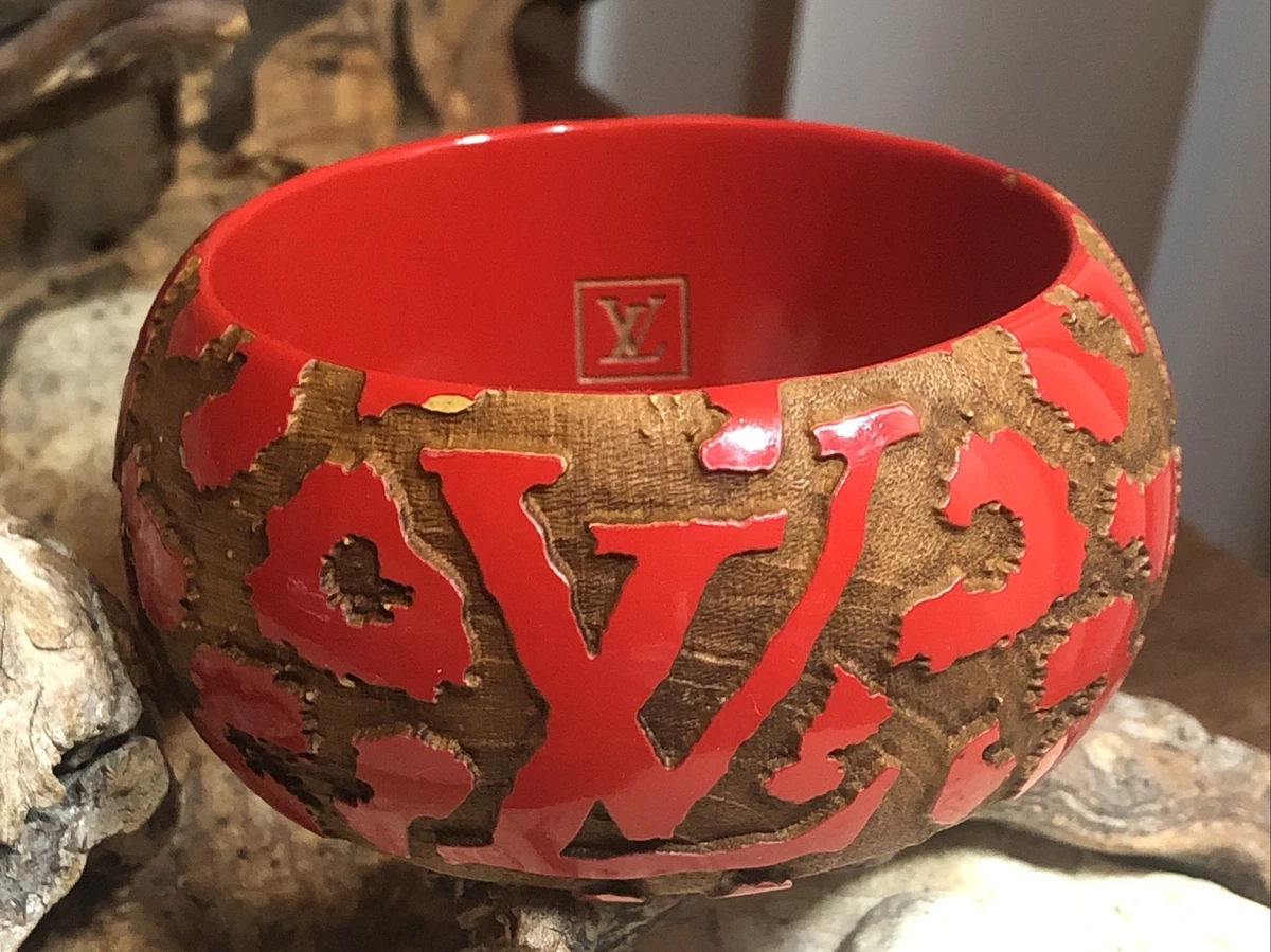 LOUIS VUITTON LV Monogram Wood Red/Brown Bangle Bracelet 8 1/8, 1 1/2 wide