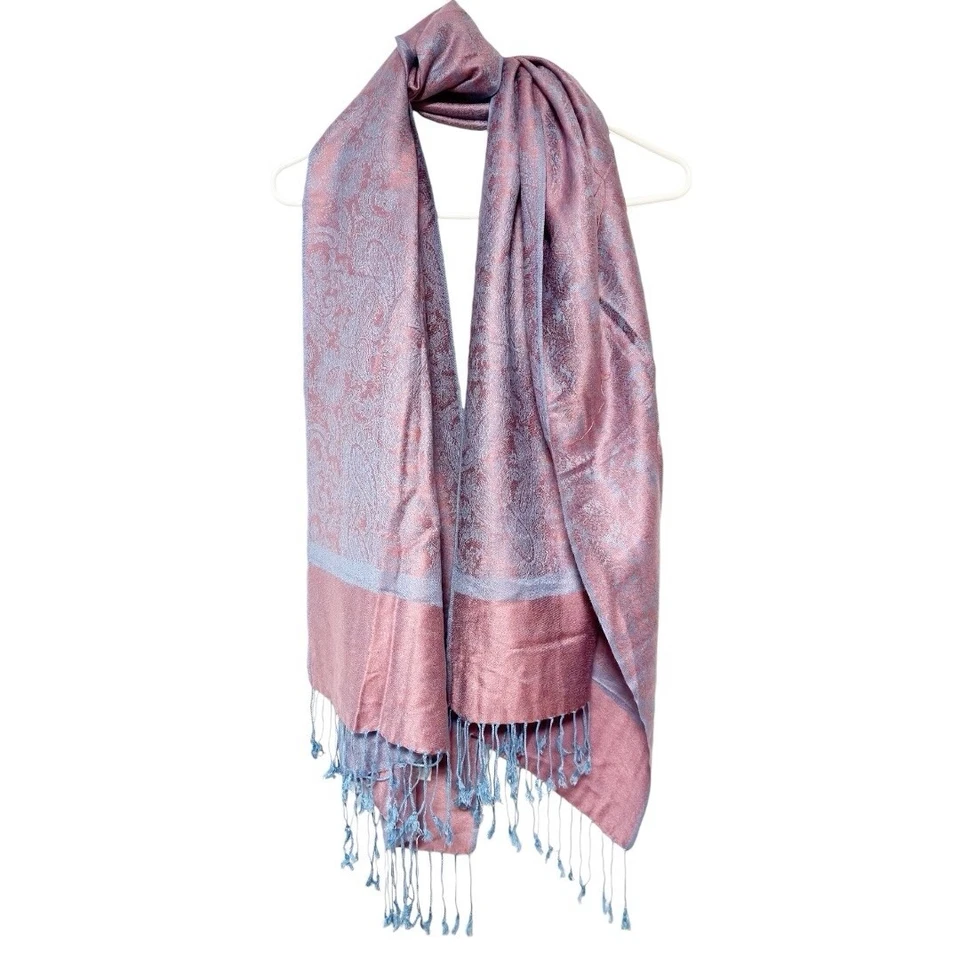VTG Pashmina Silk Scarf Jacquard Pink Paisley Cashmere Fringe Stole Whimsy 72x26 - Image 2 of 4