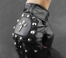 Punk Rocker Men's Leather the skull Motorcycle Biker Driving Fingerless Gloves  