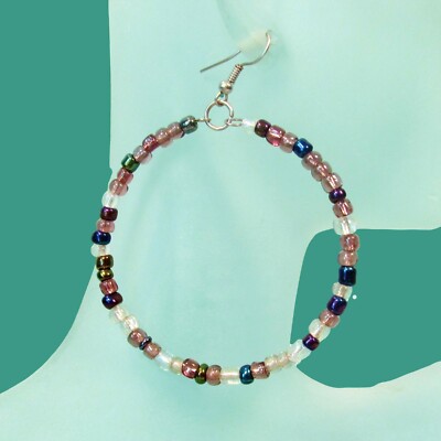 2'' Light Purple Multi Color Round Hoop BOHO Handmade Seed Bead Dangle Earrings 