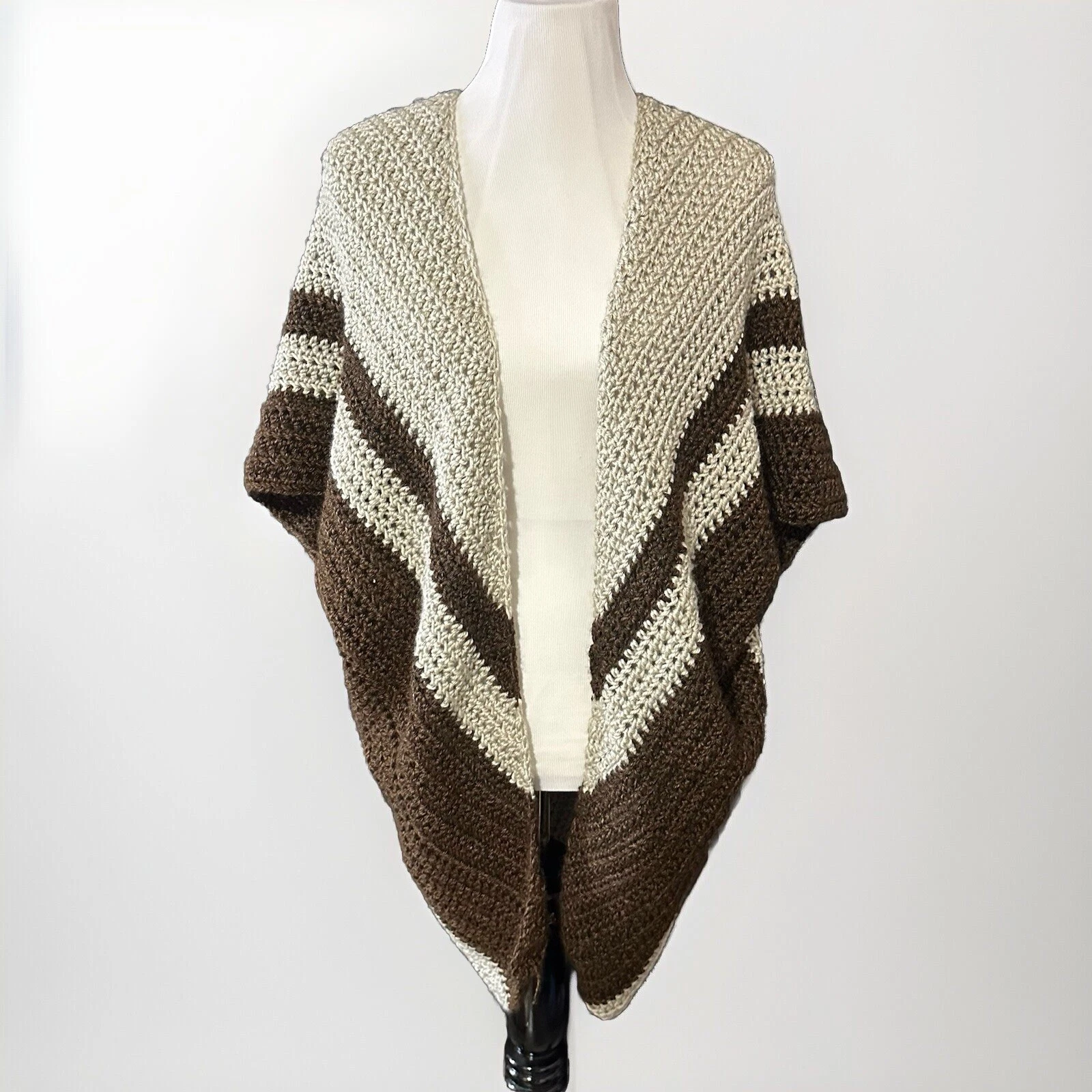 Handmade Crochet Sweater Poncho Open Front Cardigan Brown Large Soft Comfy Cozy
