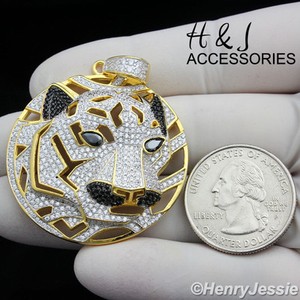Authentic MEN 925 STERLING SILVER ICY BLING CZ GOLD PLATED TIGER HEAD PENDANT*AP46