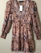OPT Chiffon Knee Dress Tiered Floral V-Neck Long Sleeve Gold Lyrics Sz S NWT