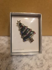 Christmas Tree Brooch New Costume Jewelry Silvertone Colorful In A Gift Box 