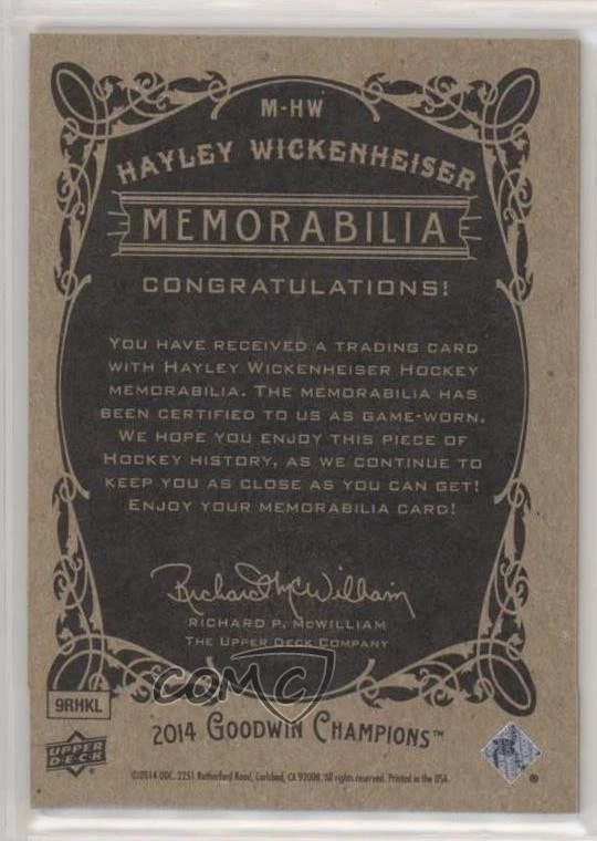 2014 Upper Deck Goodwin Champions Memorabilia Hayley Wickenheiser #M-HW HOF - Image 2 of 2