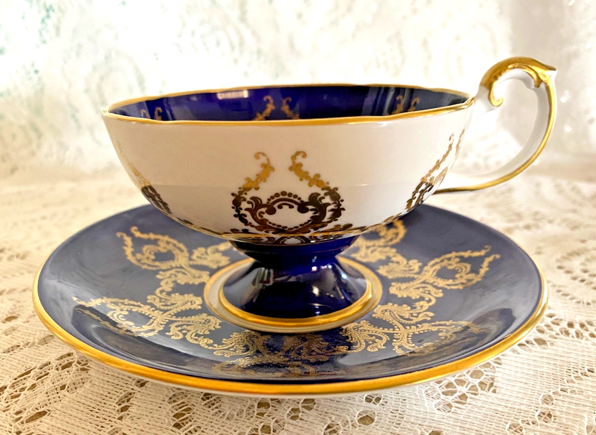 VTG Aynsley English Bone China Cup & Saucer, Cobalt Blue, Gold w