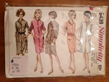 Unlined Coat Dress Slim Fit Pattern Simplicity 6439 Size 16 B36 1960's Vintage