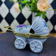 Porcelain Baby Carriage Trinket Box Hinged Floral Keepsake Vintage