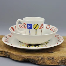 Vtg Stravangerflint Norway Ceramic 3 pc Children Dish Set - Mug, Bowl, and Plate