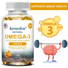 Natural Omega-3 1120mg For 12+ Teen Supports Brain Function Healthy 30-120 Caps