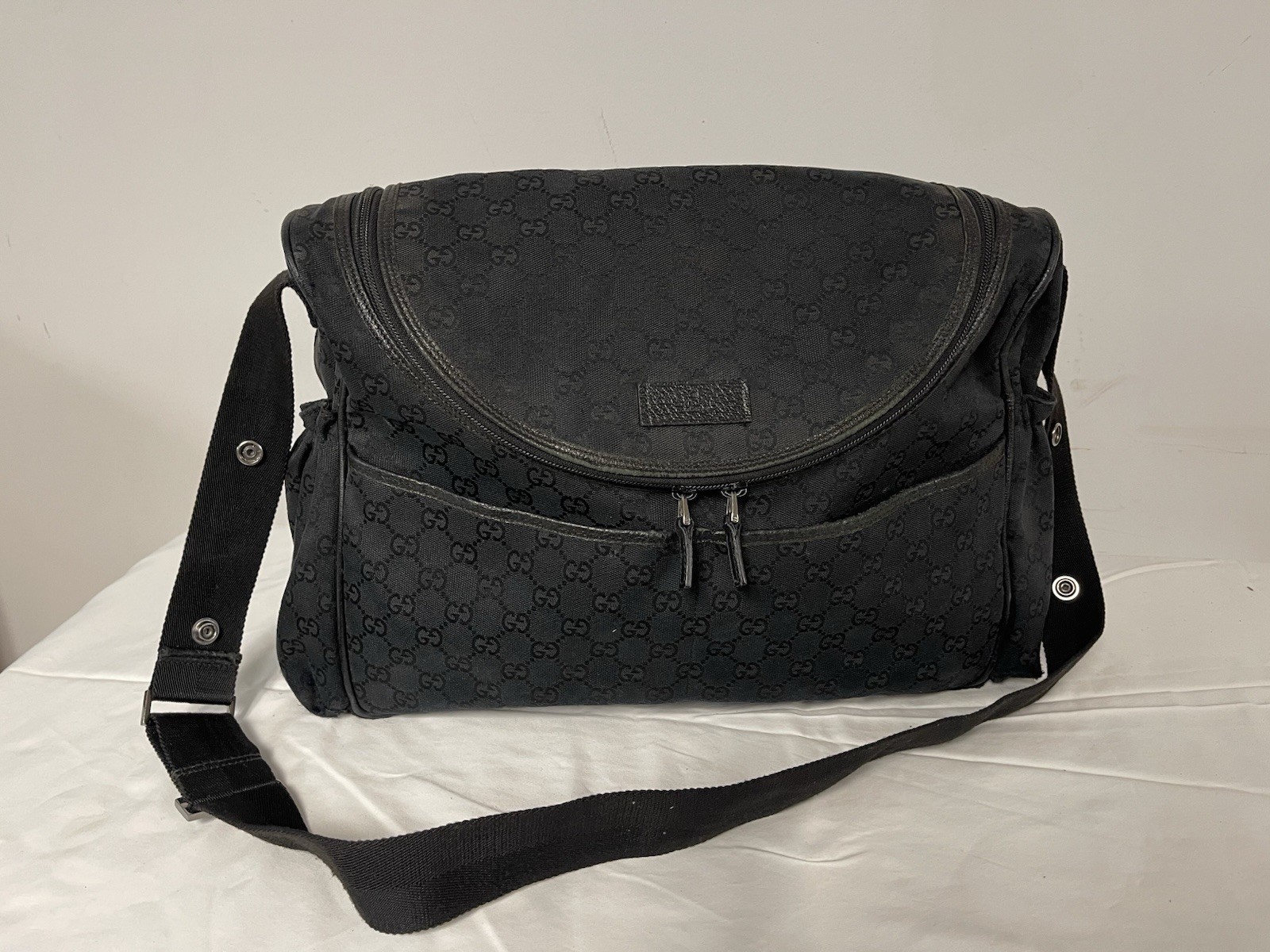 Gucci Diaper Bag Monogram Black Canvas Leather Trim Shoulder Strap-image