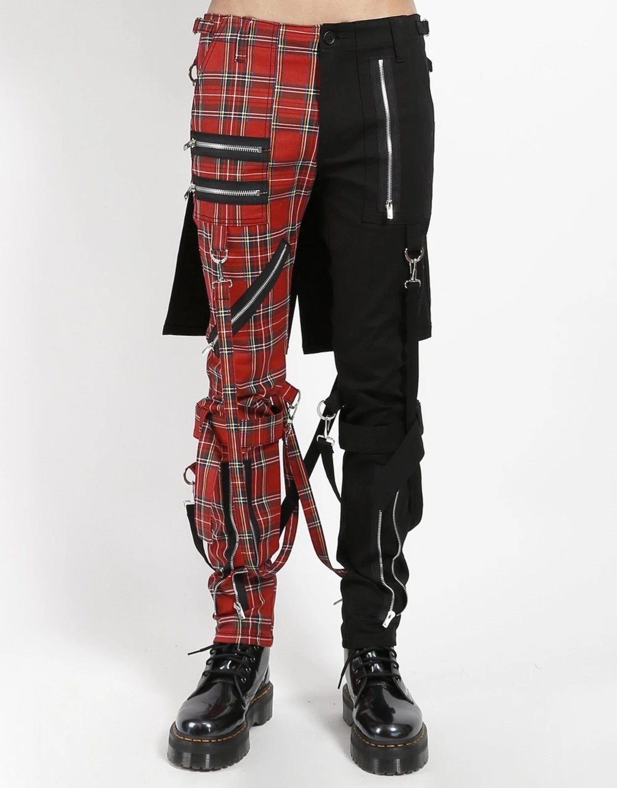 MM Gothic Men's Split Leg Bondage Black With Red Tartan Bum flap Punk Pants