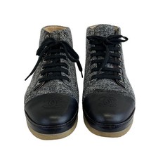 CHANEL Authentic wool leather grey black high top sneakers coco Size 36 - 6US
