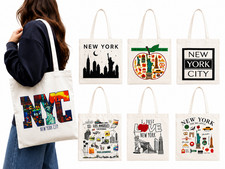 7 Pack Canvas Tote Bags NYC, LA Travel Print Reusable Shopping Shoulder Bags