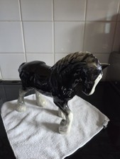 Vintage Large Ceramic Black White Shire Horse Ornament Figurine