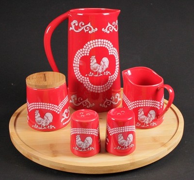 temp-tations Doodle Doo Red Rooster 6Pc Set: LAZY SUSAN PITCHER S/P SUGAR CREAM