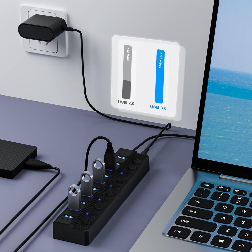 Powered USB Hub 3.0, 10-Port USB Splitter Hub with Individual On/Off Switches an