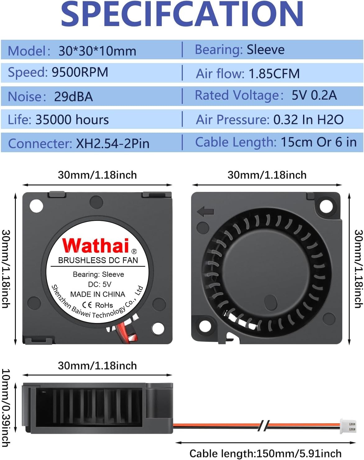 2 Pack Wathai 30mm x 10mm 5V Small DC Brushless Cooling Blower Fan 30x10mm 