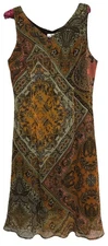 Kari New York Dress 10 VTG Brown Orange Paisley Silky Sleeveless Lined Sundress