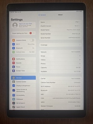 Apple iPad Pro 1st Gen A1709 64GB 10.5'' Wi-Fi + Cellular MQF32LL/A - Good